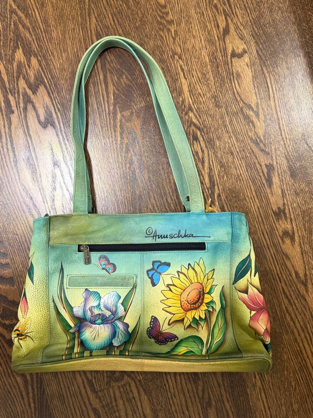 Anuschka Hand-Painted Green Floral Shoulder Bag with Sunflower